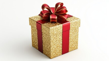 Obraz premium Glittering gold and red-wrapped New Year gift box, isolated on white background with an elegant ribbon and bow.