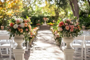 elegant wedding ceremony setup in an outdoor garden, beautiful floral arrangements