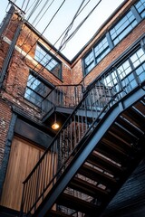 Obraz premium Brick building with metal stairs and wires