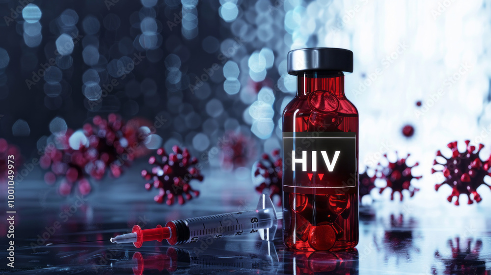 Poster a bottle of hiv vaccine is shown with a syringe next to it