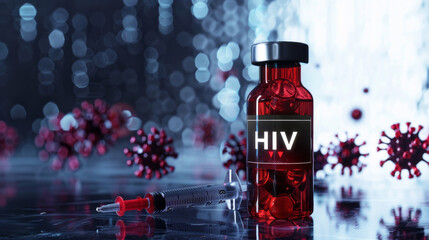 A bottle of HIV vaccine is shown with a syringe next to it
