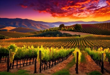Naklejka premium breathtaking twilight vineyard landscape overflowing lush grapes under beautiful sky, abundance, agriculture, alloys, beauty, blossoms, countryside