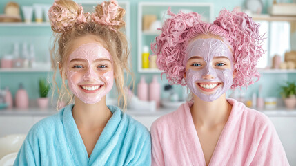 Teenage Girls in Bathrobes Enjoying Hair Masks and Skincare in a Bright Setting