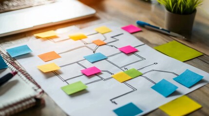 A colorful flowchart with sticky notes on paper, depicting a structured layout and brainstorming ideas, sits on a wooden desk surrounded by stationery.