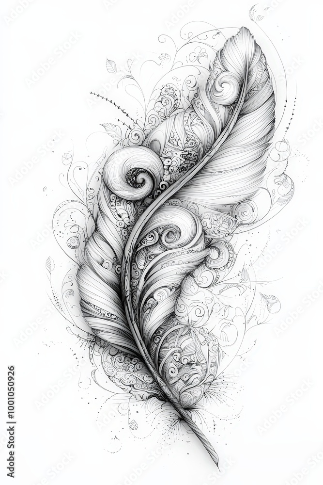 Poster An artistic depiction of a feather with elaborate swirling designs and intricate details that create a visually stunning composition. The contrast emphasizes the delicate beauty of the feather