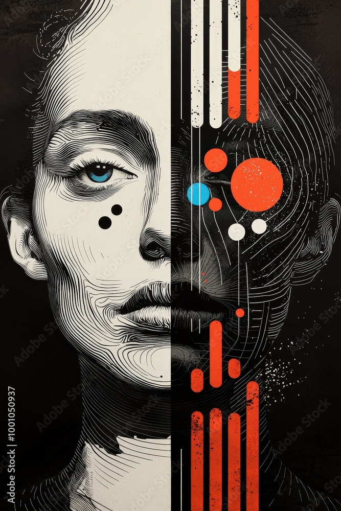 Aufkleber a striking artistic representation features a woman's face, skillfully divided with intricate lines 
