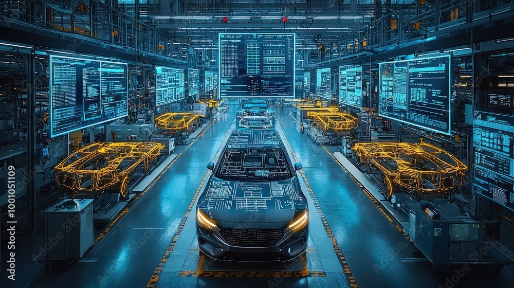 Aufkleber a high-tech automotive manufacturing facility features multiple electric vehicles in various stages 