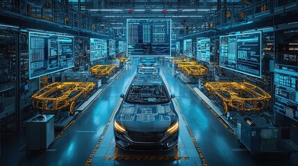A high-tech automotive manufacturing facility features multiple electric vehicles in various stages of assembly, illuminated by digital displays and holographic interfaces at night