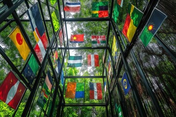 Flags of the world in a greenhouse-like structure