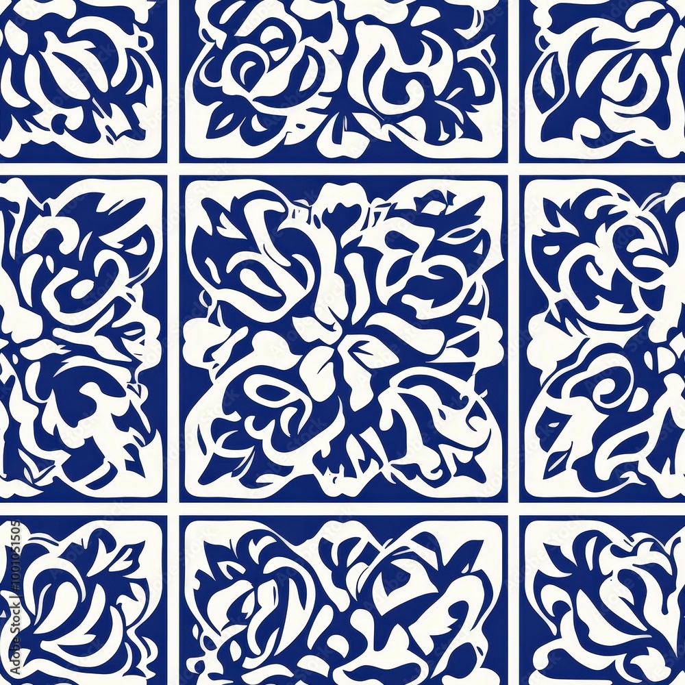 Poster the design showcases a series of intricate floral patterns in deep blue and white, perfect for decor