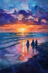 Tranquil Watercolor Ocean Sunset with Yoga Silhouettes Promoting Mental Health Awareness and Self-Care