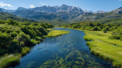 Mountain lake with forest reflection and scenic peaks
