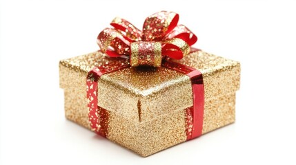 Obraz premium Glittery gold and red-wrapped New Year present, isolated on white background with focus on the festive ribbon and bow details.