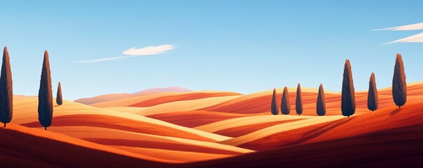 Scenic landscape with rolling hills and cypress trees