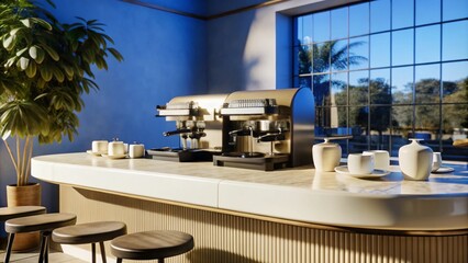 Minimal interior design of cafe or coffee cafe bar shop in clean minimalist style, decorated with warm tone, relaxing tones with glossy ivory white round corner counter and coffee machinery