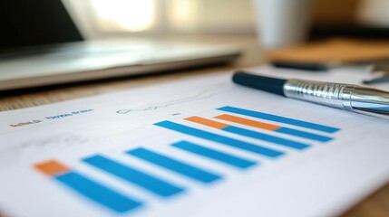 A high-resolution image of a financial report featuring multiple bar charts with detailed performance metrics, placed on a desk with business documents and a pen.