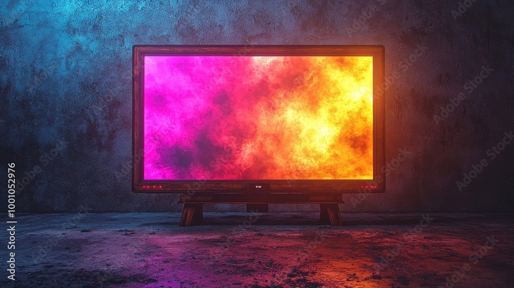 Poster bright hues of pink, orange, and yellow swirl on a large screen, illuminating a darkened space. the 