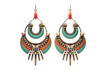 Vintage-Inspired Tribal Earring with Engraved Symbols and Stone Inlays Isolated on Transparent Background