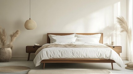 A high-resolution image of a minimalist bedroom featuring a sleek bed frame, simple bedding, and a contemporary design with neutral tones and minimal decor