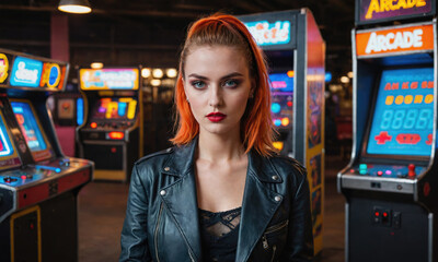 Naklejka premium A woman with bright red hair stands in front of an arcade game