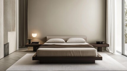 A high-resolution image of a minimalist bedroom featuring a sleek bed frame, simple bedding, and a contemporary design with neutral tones and minimal decor