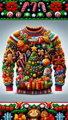 Naklejka premium A vibrant Christmas sweater features a playful design with a Christmas tree, ornaments, candy canes, and gift boxes, perfect for holiday celebrations