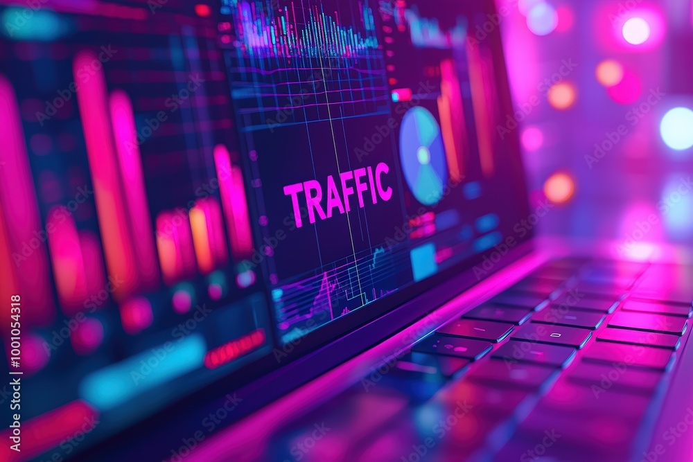 Poster A laptop screen illustrates detailed traffic analytics with colorful graphs and data visualizations in a modern tech environment illuminated by neon lights