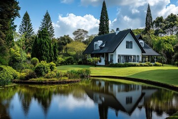Fototapeta premium Serene country house with pond reflection