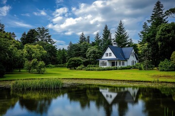 Obraz premium Peaceful country house with pond reflection
