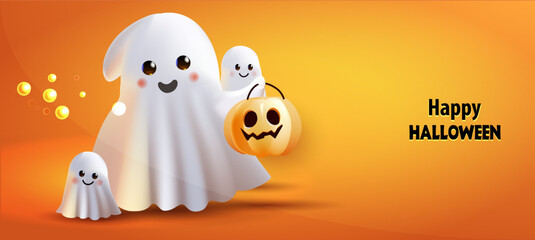 Charming ghosts on an orange background. Monster family. Happy Halloween banner