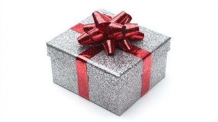 Glittery silver New Year gift box with a red bow, isolated on a white background, representing celebration and cheer.
