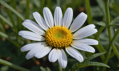 Obraz premium A close-up view of a white daisy with a yellow center, surrounded by green foliage