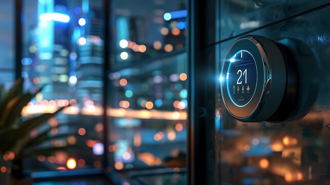 A smart thermostat on a wall with a view of a futuristic towns outside