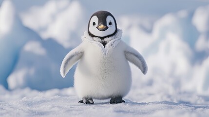 A baby penguin dressed in a traditional Antarctic researcher's outfit, waddling on ice. Its bright and cheerful demeanor contrasts with the cold environment.
