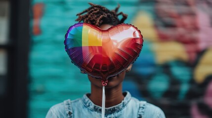 A person holding a heart-shaped rainbow balloon standing in front of a colorful graffiti-covered wall, symbolizing love, diversity, and human connection against an urban backdrop.