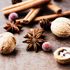  Star anise with cinnamon. Christmas spices on rustic wooden background. Close up.