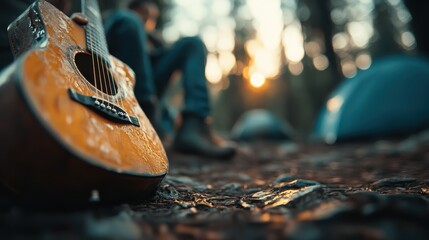 A scenic image of an acoustic guitar reclined on the forest floor during sunset, blending elements of music, nature, and a serene, artistic ambiance with illuminated tents in the background.