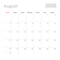 Simple wall calendar for August 2025 with dotted lines. The calendar is in English, week start from Sunday.