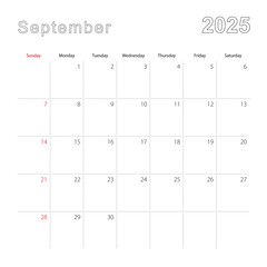 Simple wall calendar for September 2025 with dotted lines. The calendar is in English, week start from Sunday.