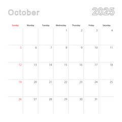 Simple wall calendar for October 2025 with dotted lines. The calendar is in English, week start from Sunday.