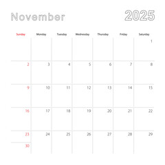 Simple wall calendar for November 2025 with dotted lines. The calendar is in English, week start from Sunday.