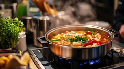 A modern kitchen setting with a high-quality hot pot on a portable stove, filled with rich broth and an assortment of ingredients, ready to be served.