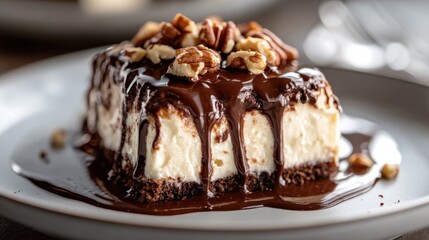 A mouthwatering dessert image showcasing a rich and creamy delight drenched in chocolate sauce and garnished with pecans, capturing the essence of culinary elegance and indulgence.