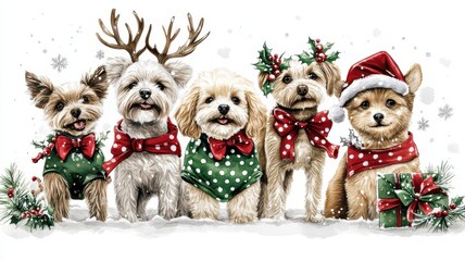 A festive group of five dogs wearing holiday accessories, showcasing a cheerful winter spirit with decorations, perfect for seasonal celebrations.
