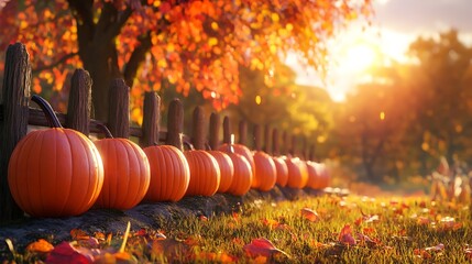 A row of pumpkins placed along a fence, with a colorful forest and setting sun in the background.