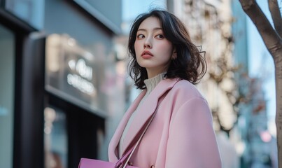 Young woman in pink coat looks away.