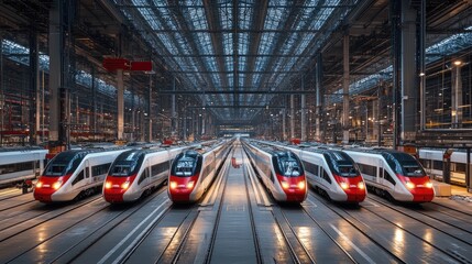 A panoramic view of multiple high-speed trains lined up at a large, modern depot, ready for their next journey.