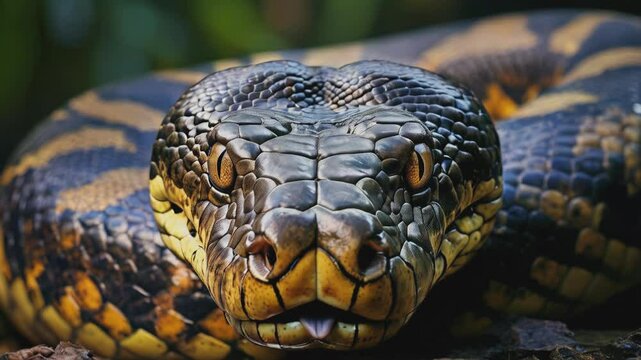 Close-up of a coiled snake with striking yellow and brown scales, sharp eyes focused intensely, capturing the intricate detail of its textured skin and natural patterns.