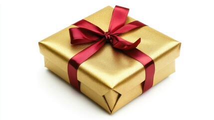 Fototapeta premium Gold-wrapped New Year present with a large red ribbon, isolated on white, emphasizing luxury and festive spirit.
