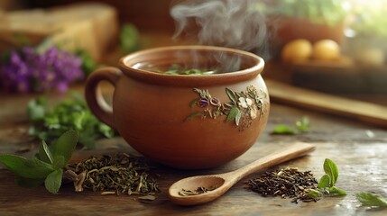 A rustic clay cup filled with steaming herbal tea, surrounded by loose-leaf herbs and a wooden spoon.